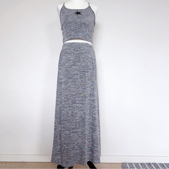 Heather Grey Star Crop Top & Maxi Skirt Set | Stretchy Comfy – One Size fits S - Picture 3 of 10